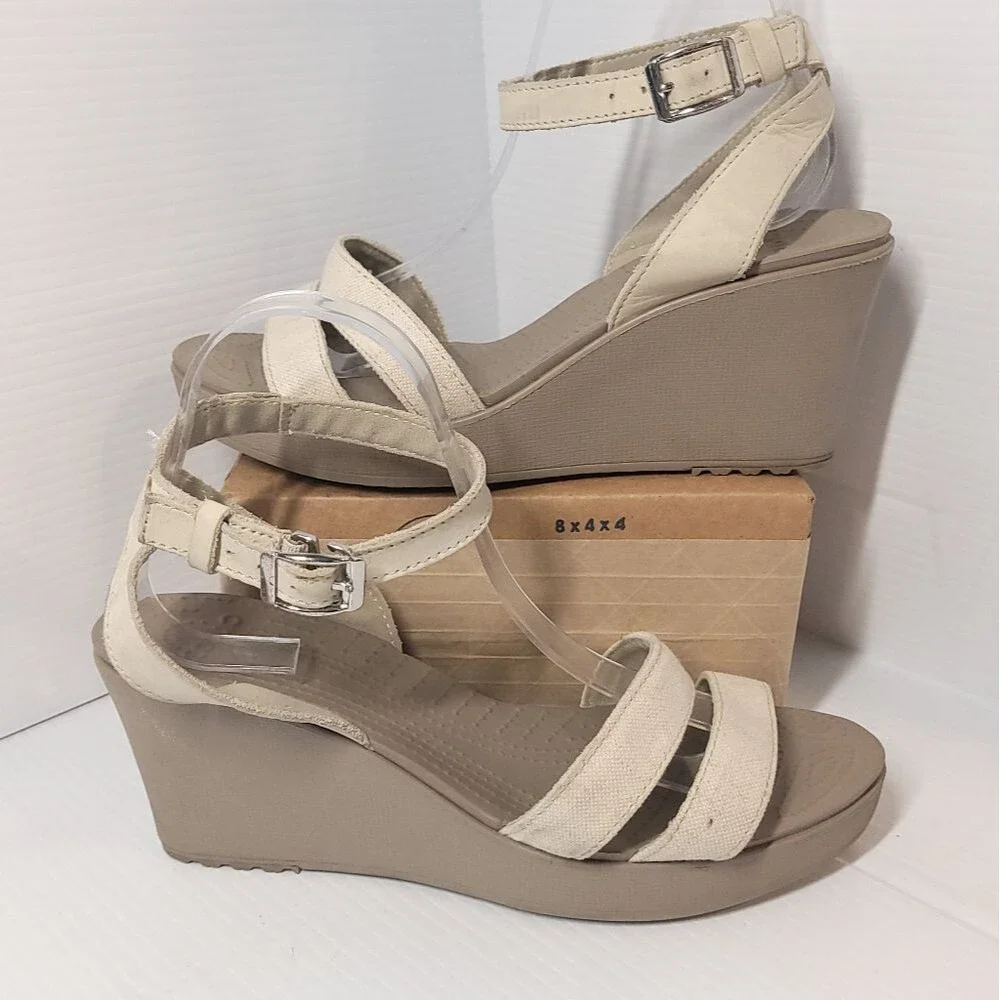 Crocs Women's Leigh II Cross-Strap Ankle Wedges Sandal, Oatmeal/Mushroom Size 10